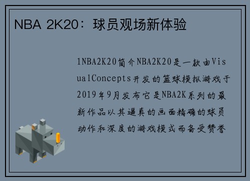 NBA 2K20：球员观场新体验