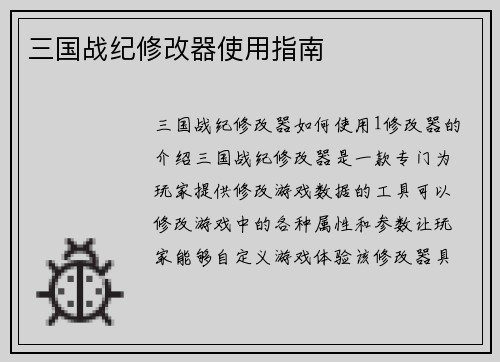 三国战纪修改器使用指南